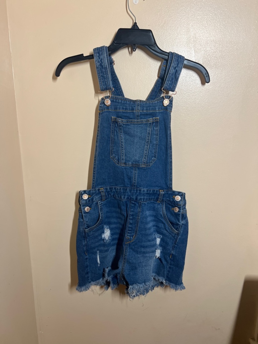 Love Tree Blue Denim Distressed Short Overalls